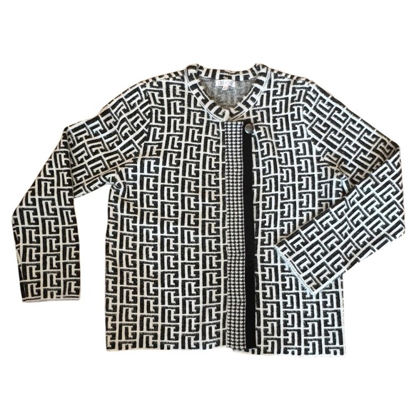 Luxury Knit Sweater Jacket Black + White Geometric Monogram Women's Large - Picture 10 of 15